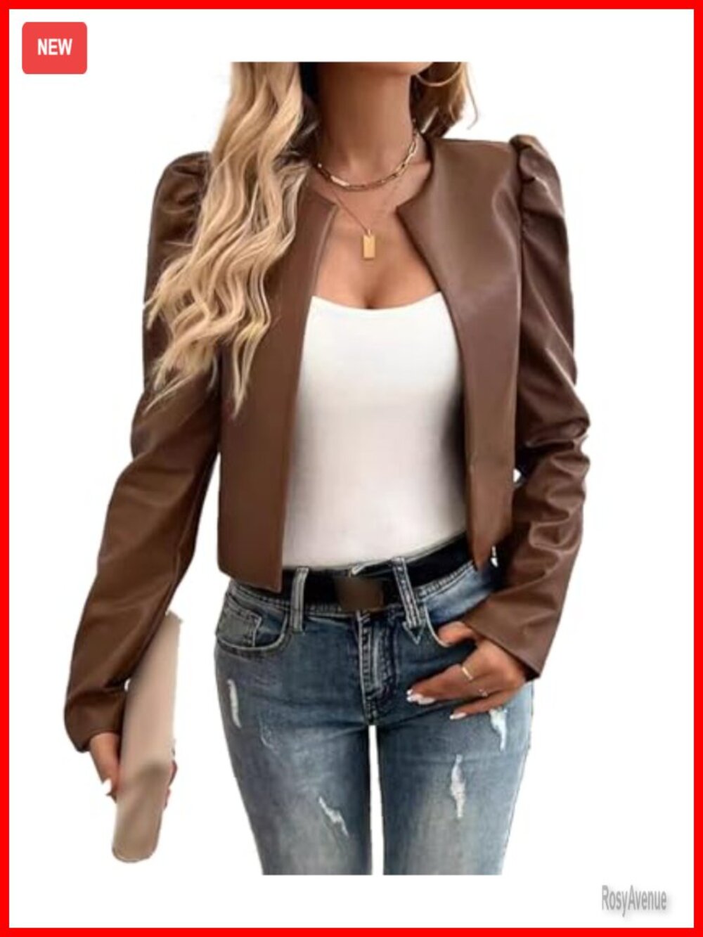 Faux Leather Cropped Puff Sleeve Open Front Blazer